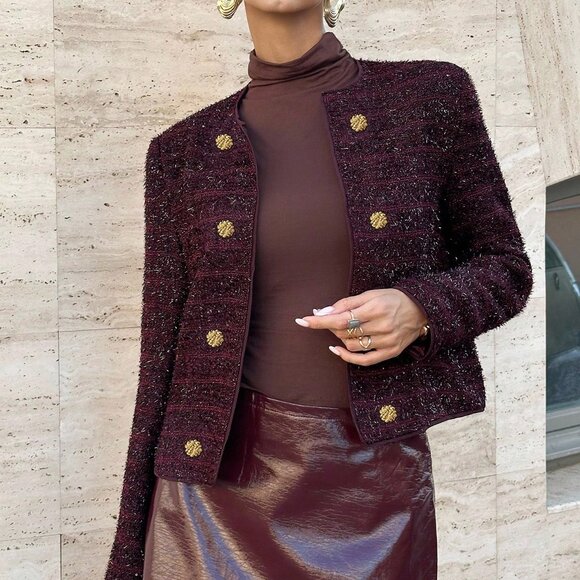 Burgundy Elegant Women's Wine Thick Tweed Round Neck Long Sleeve Jacket - Picture 1 of 6